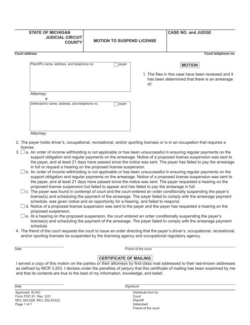 Form FOC81 Motion to Suspend License - Michigan