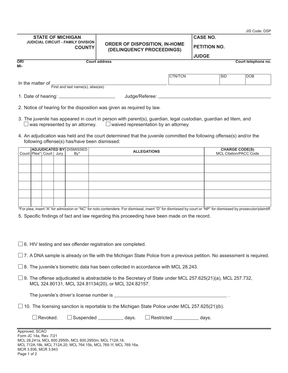 Form JC14A Order of Disposition, in-Home (Delinquency Proceedings) - Michigan, Page 1