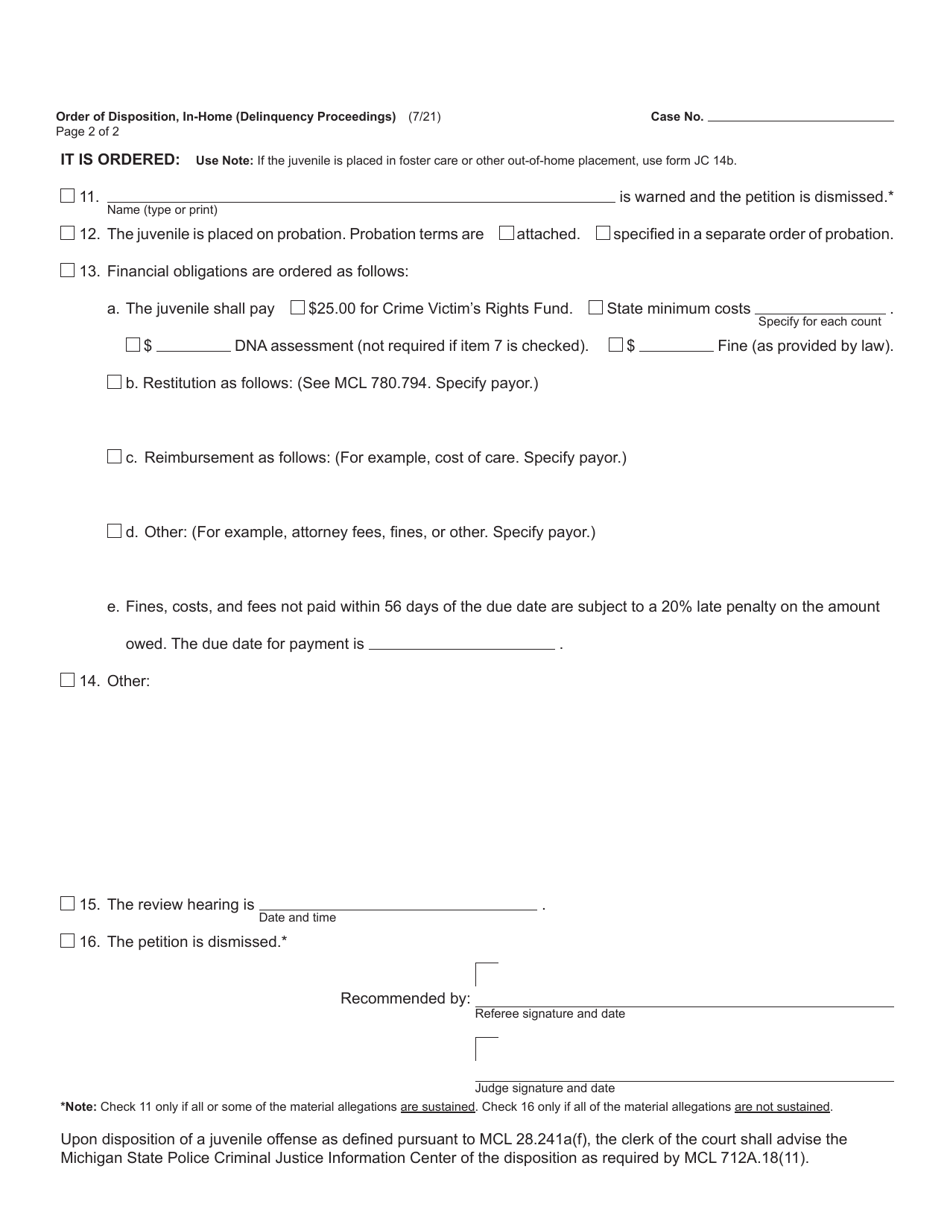Form JC14A Order of Disposition, in-Home (Delinquency Proceedings) - Michigan, Page 2