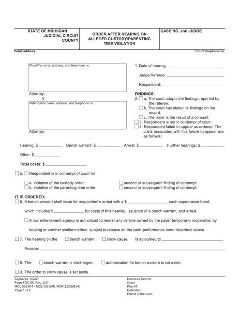 Form FOC58 Order After Hearing on Alleged Custody/Parenting Time Violation - Michigan
