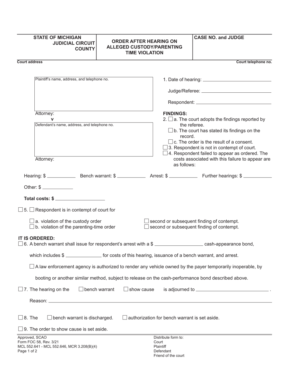 Form Foc58 Download Fillable Pdf Or Fill Online Order After Hearing On 