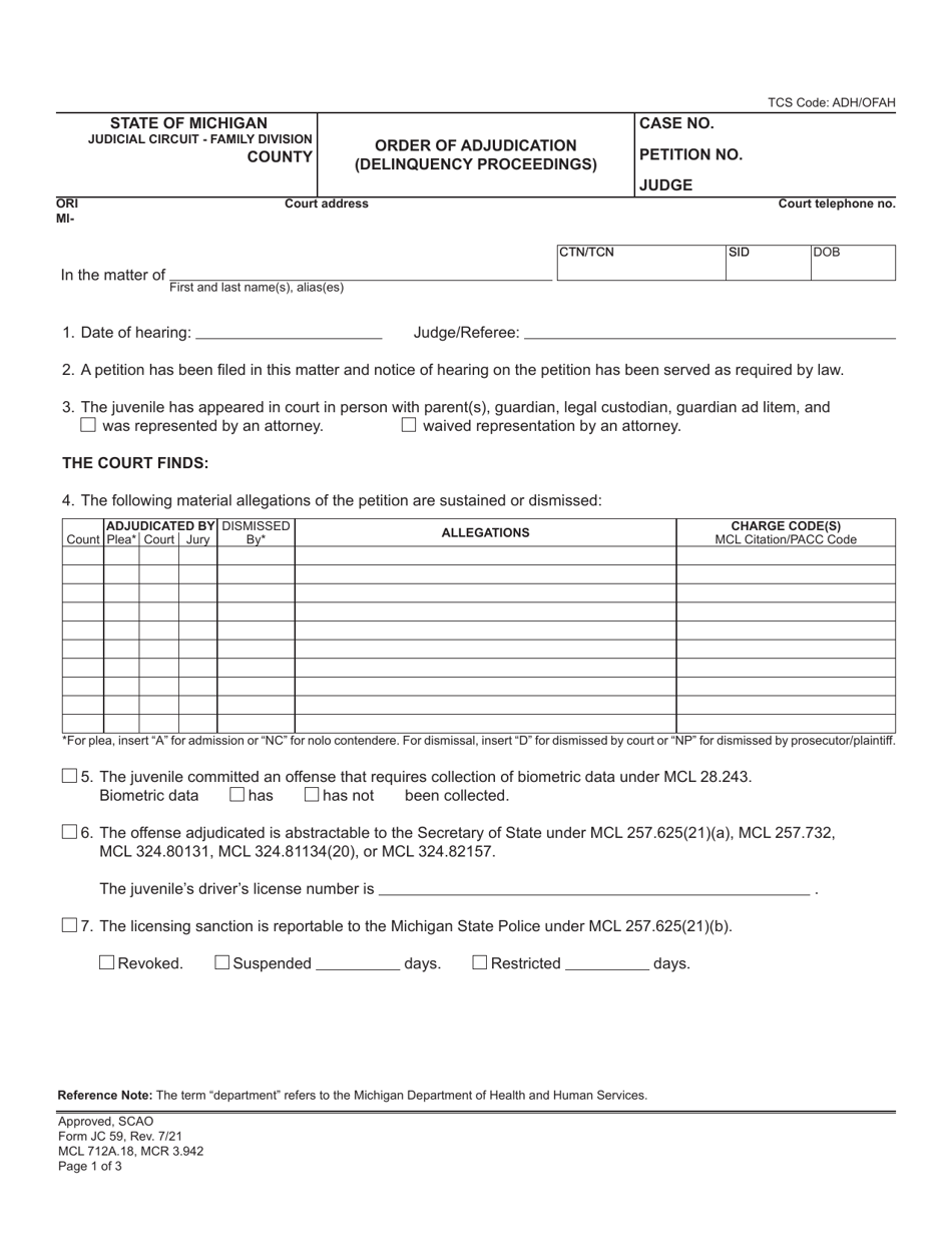 Form JC59 Order of Adjudication (Delinquency Proceedings) - Michigan, Page 1