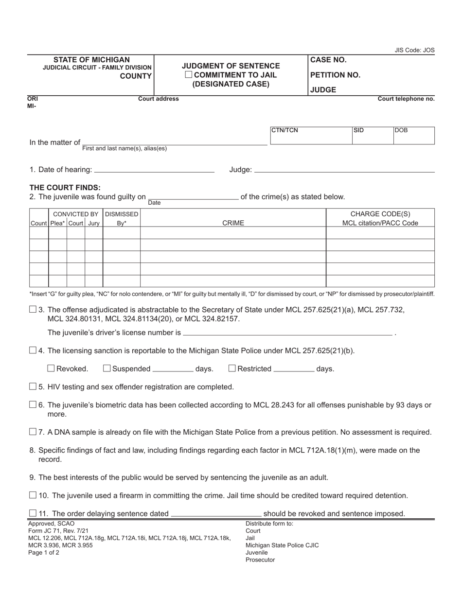 Form JC71 Judgment of Sentence / Commitment to Jail (Designated Case) - Michigan, Page 1