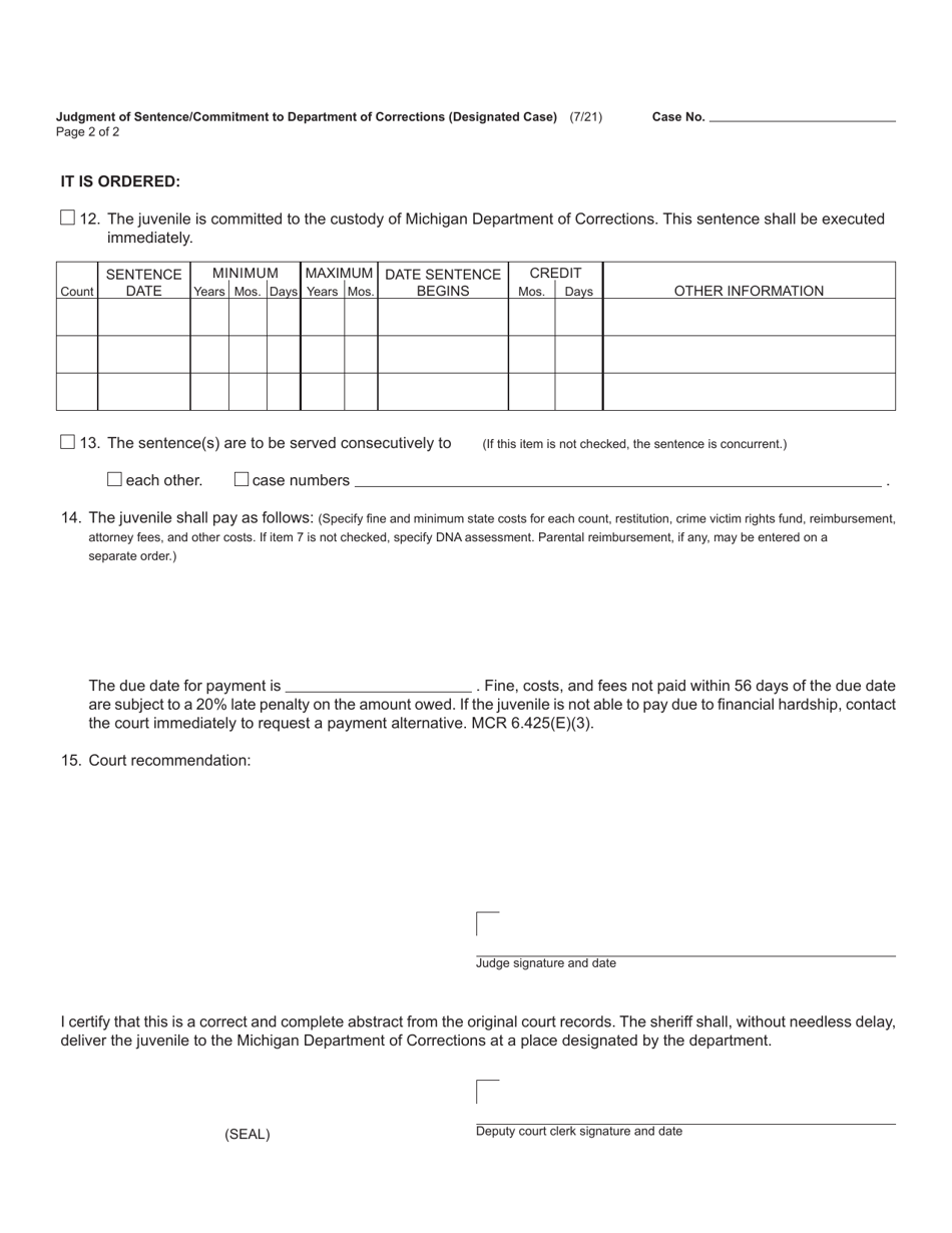 Form JC72 Judgment of Sentence Commitment to Department of Corrections (Designated Case) - Michigan, Page 2