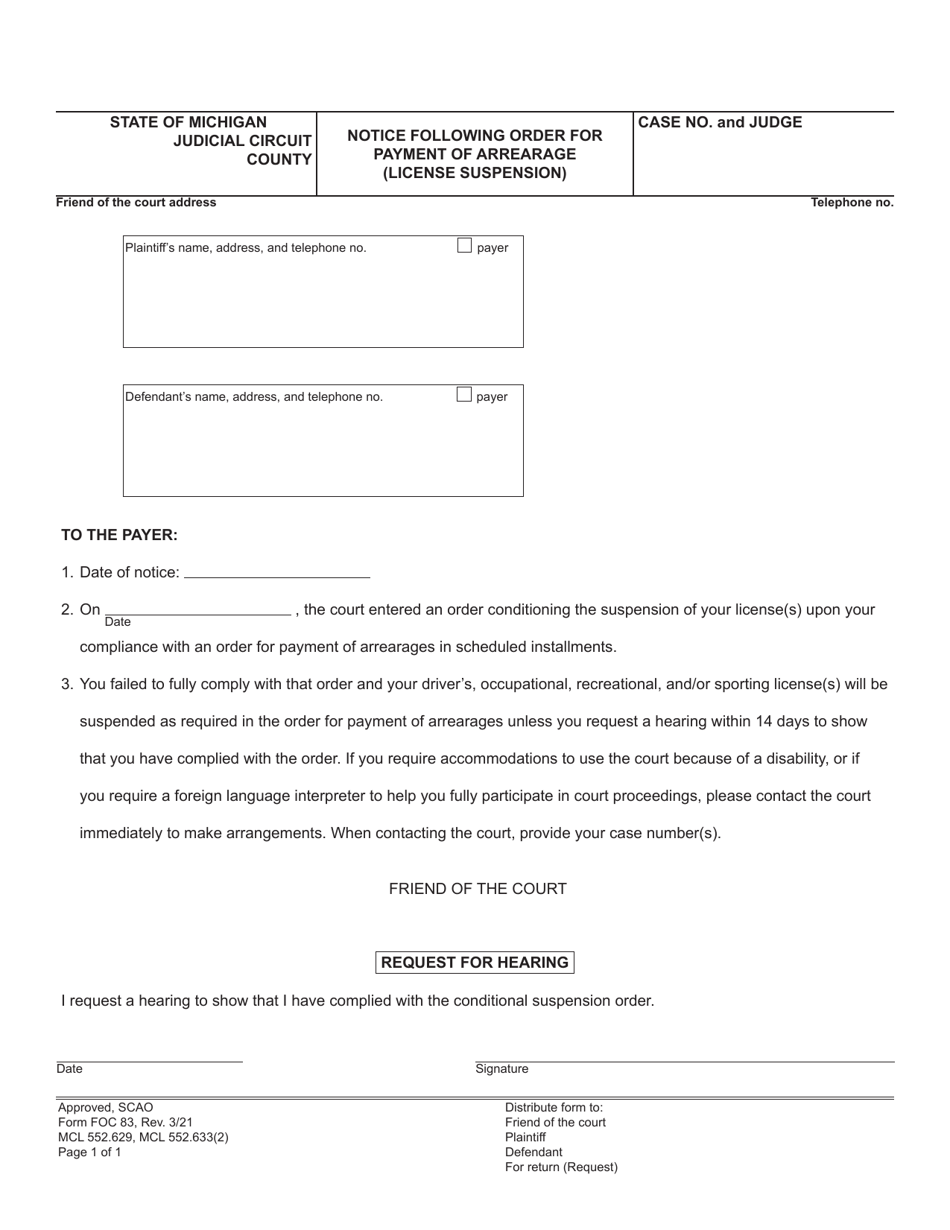 Form FOC83 Notice Following Order for Payment of Arrearage (License Suspension) - Michigan, Page 1