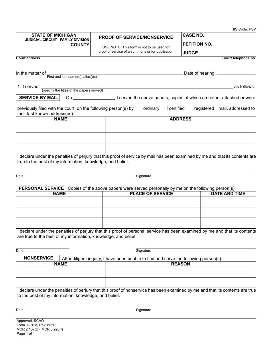 Form JC12A Proof of Service / Nonservice - Michigan, Page 1