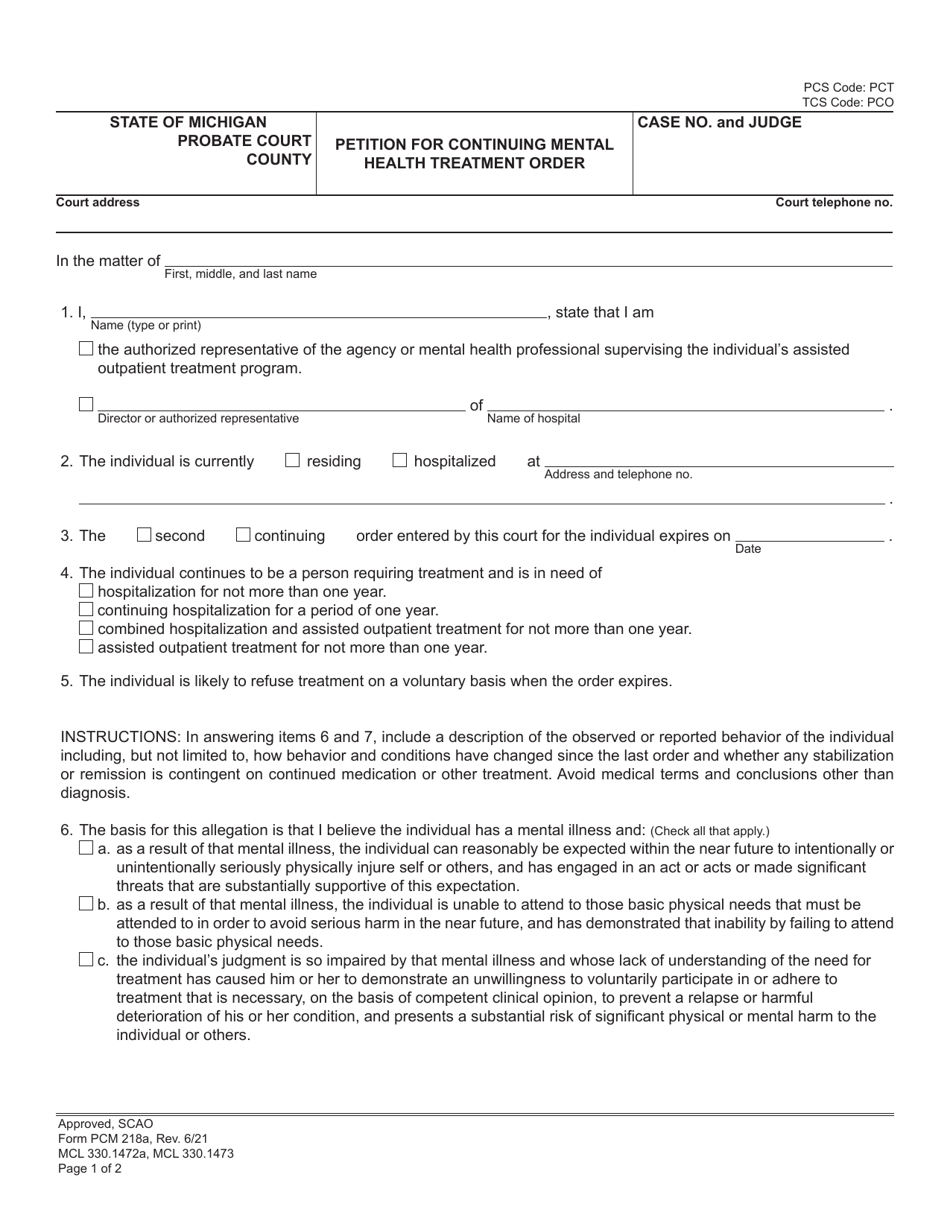 Form PCM218A Petition for Continuing Mental Health Treatment Order - Michigan, Page 1