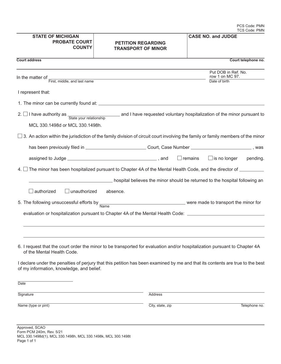 Form PCM240M Petition Regarding Transport of Minor - Michigan, Page 1