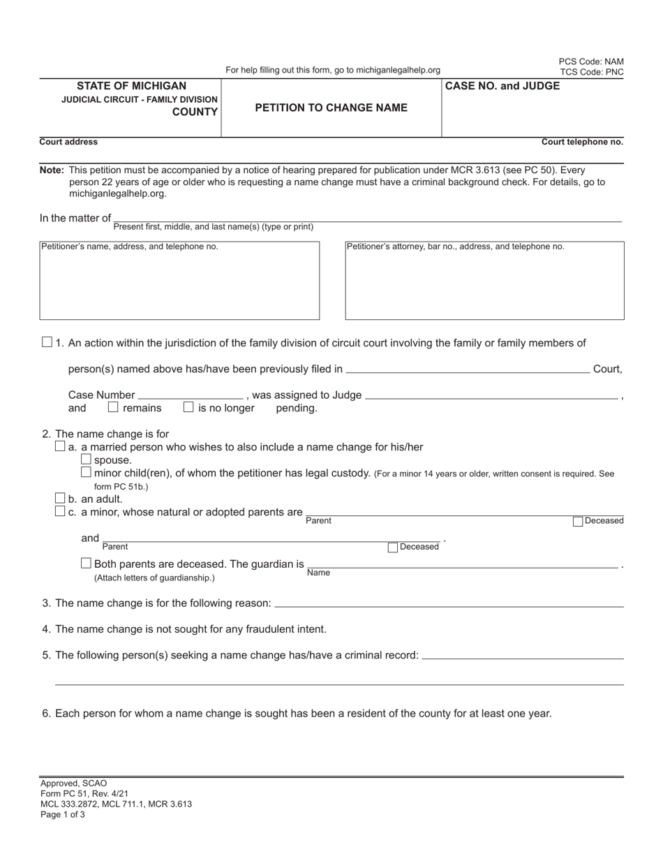 Form PC51 Petition to Change Name - Michigan, Page 1