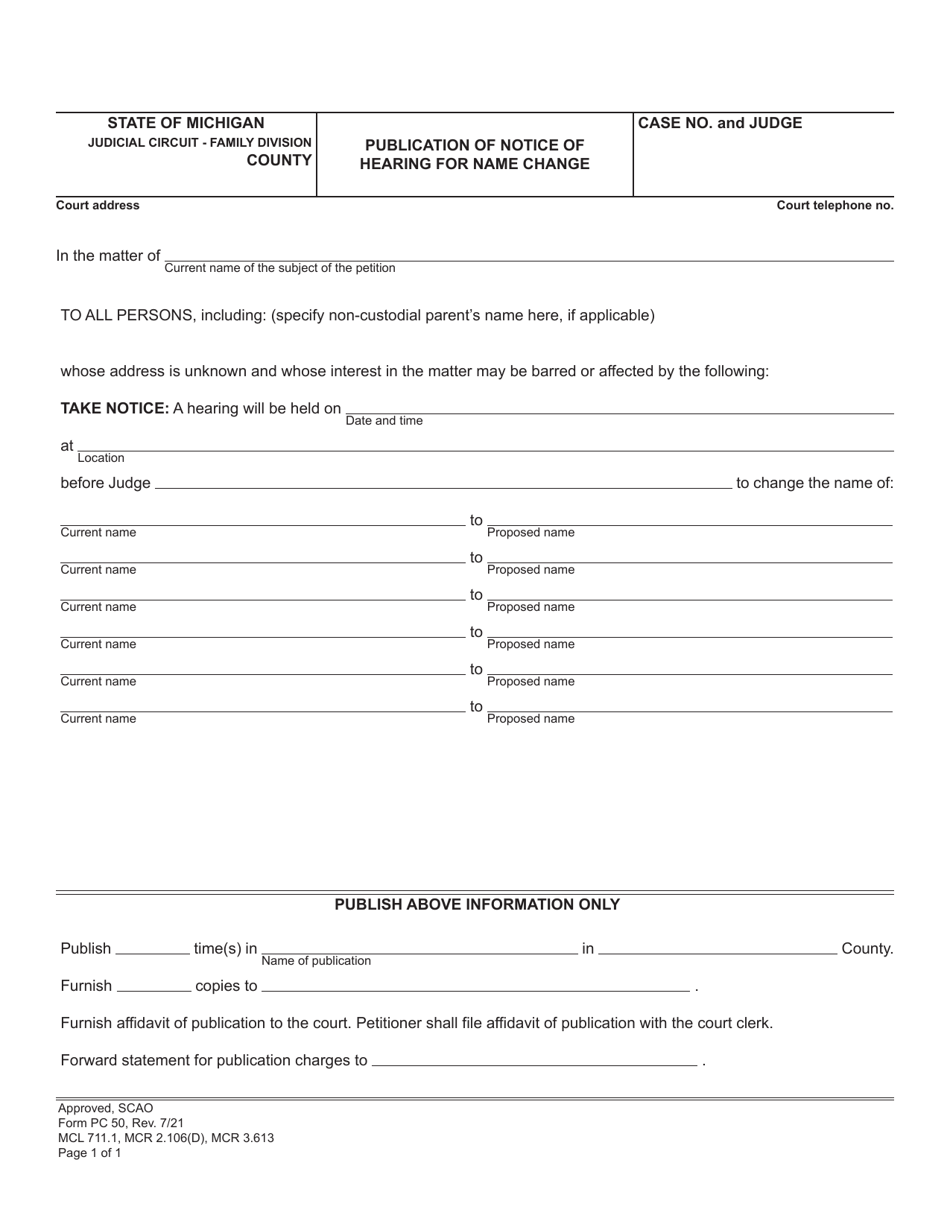 Form PC50 Publication of Notice of Hearing for Name Change - Michigan, Page 1