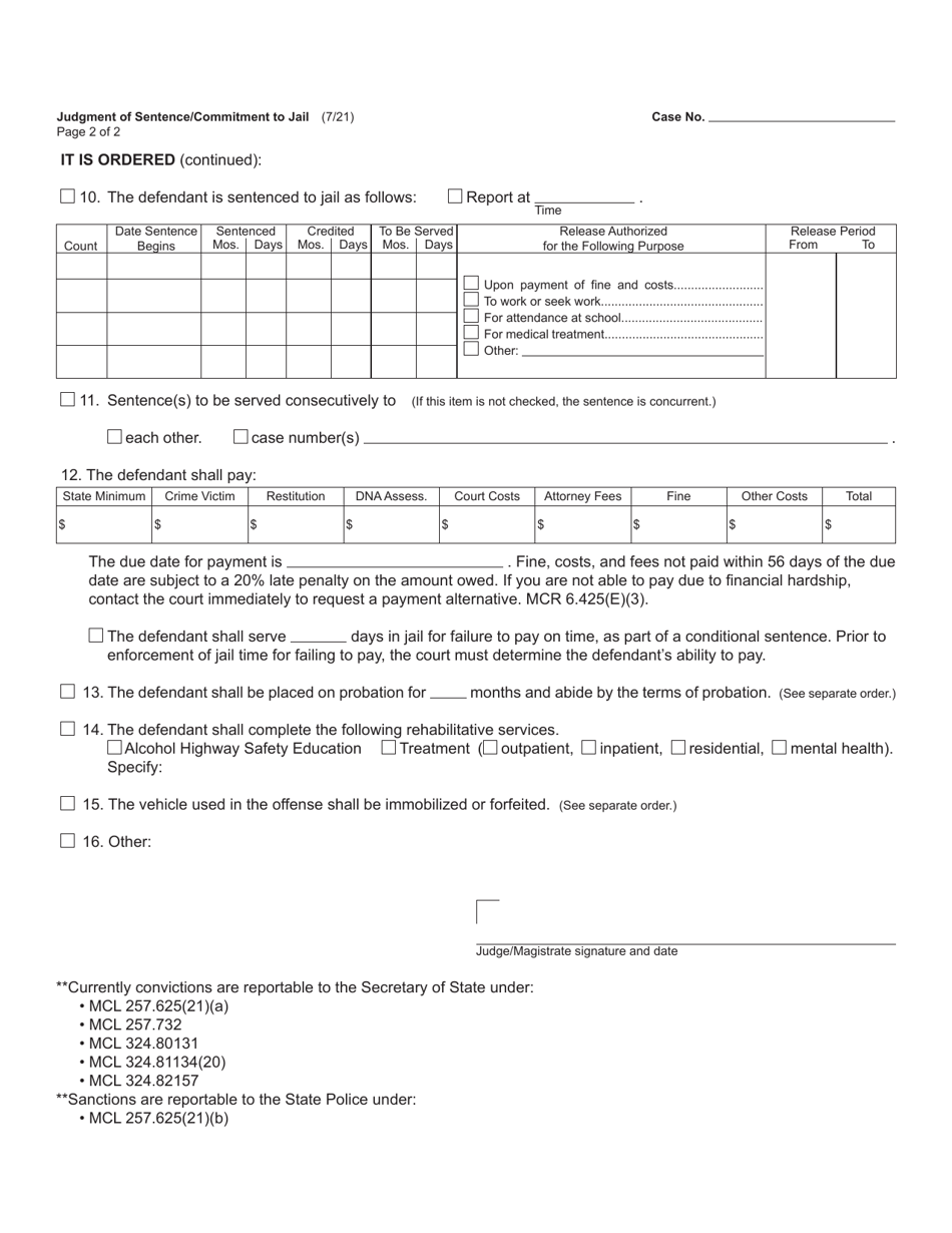 Form MC219 Judgment of Sentence / Commitment to Jail - Michigan, Page 2