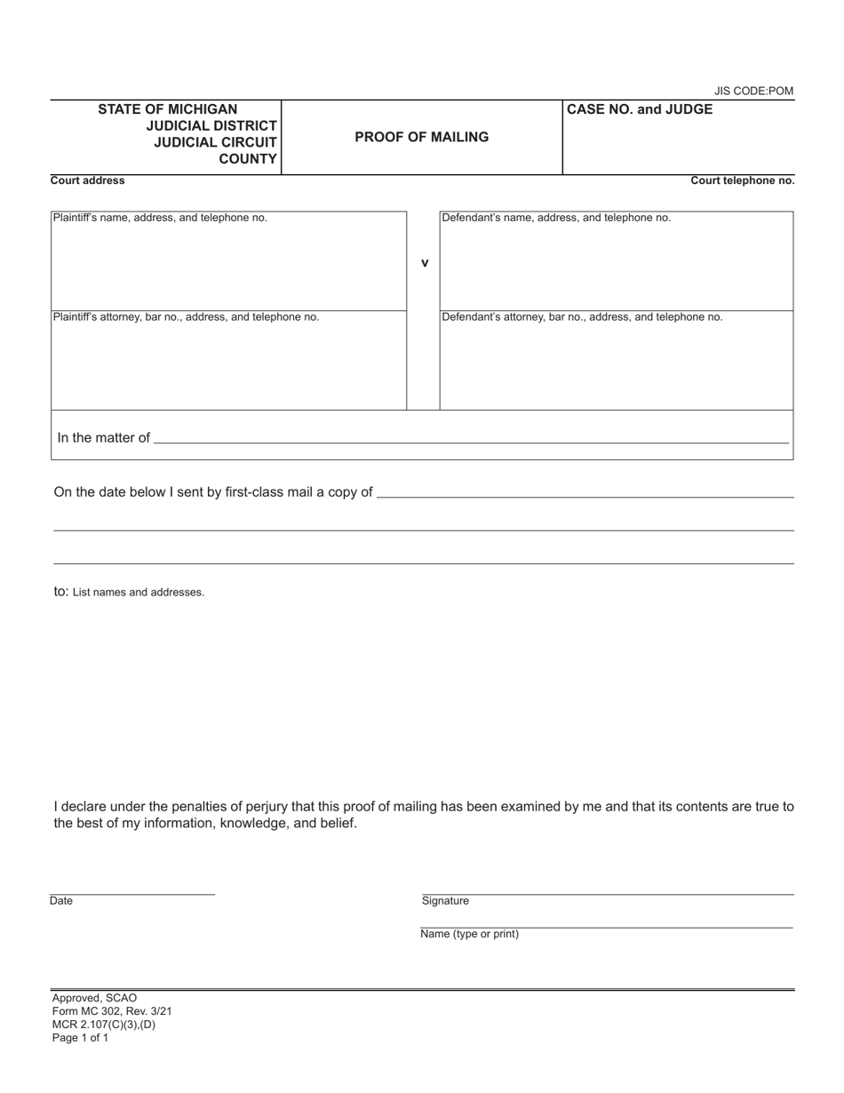 Form MC302 Proof of Mailing - Michigan, Page 1