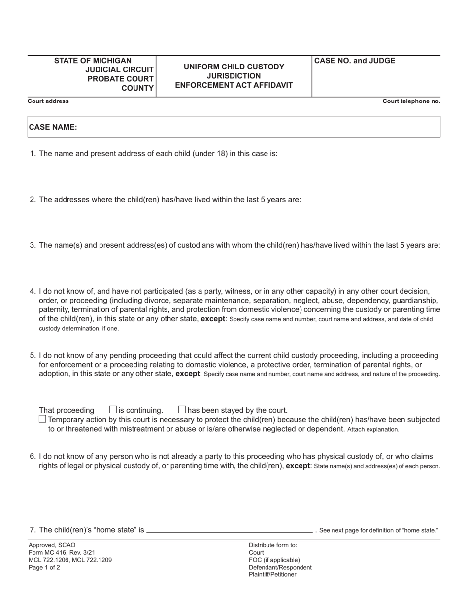 Form MC416 Uniform Child Custody Jurisdiction Enforcement Act Affidavit - Michigan, Page 1