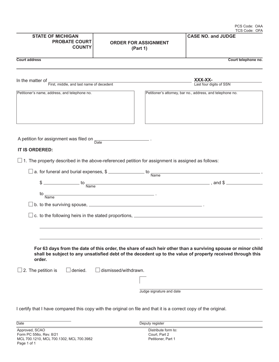 Form PC556O Order for Assignment - Michigan, Page 1
