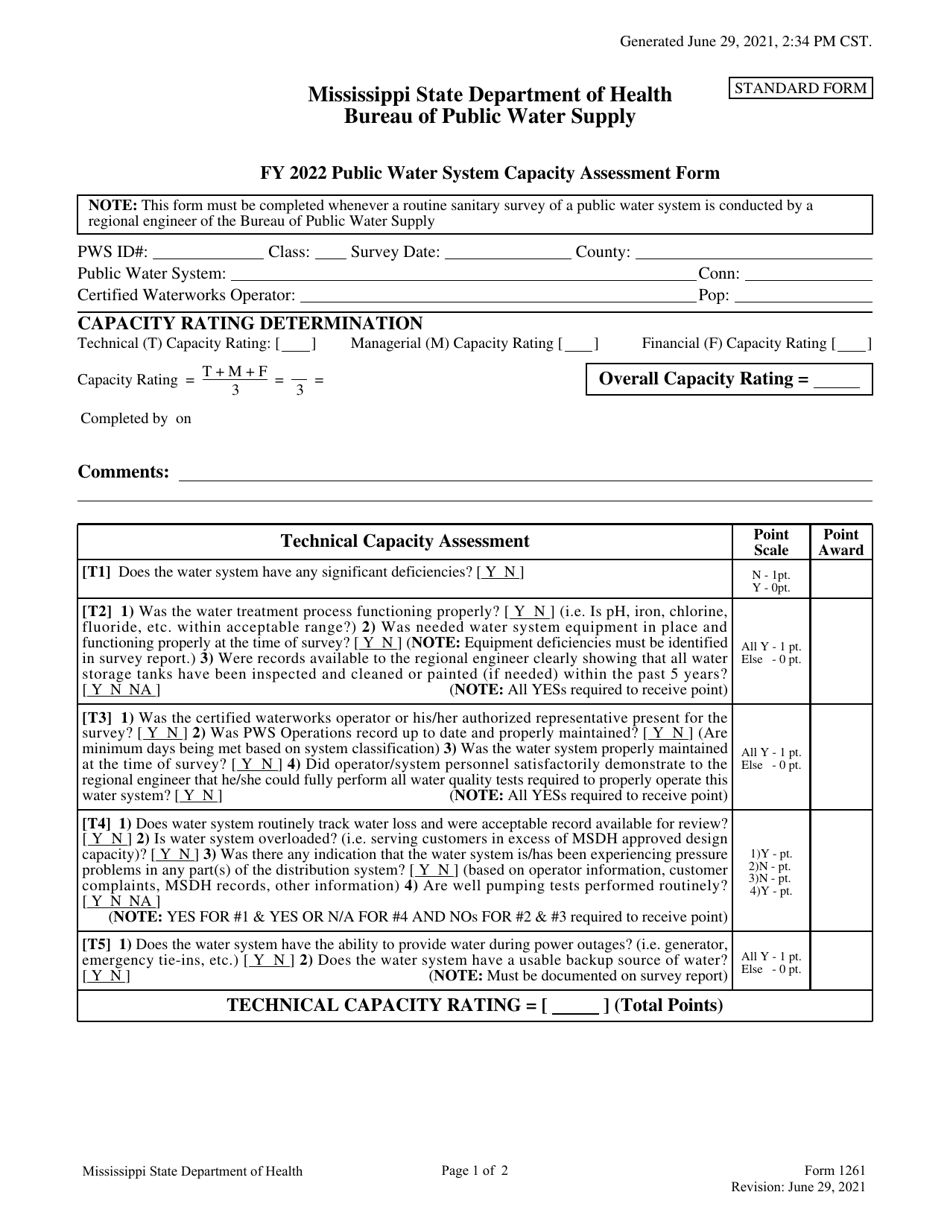 Form 1261 Capacity Assessment / Inspection Form for Community Water Systems - Mississippi, Page 1