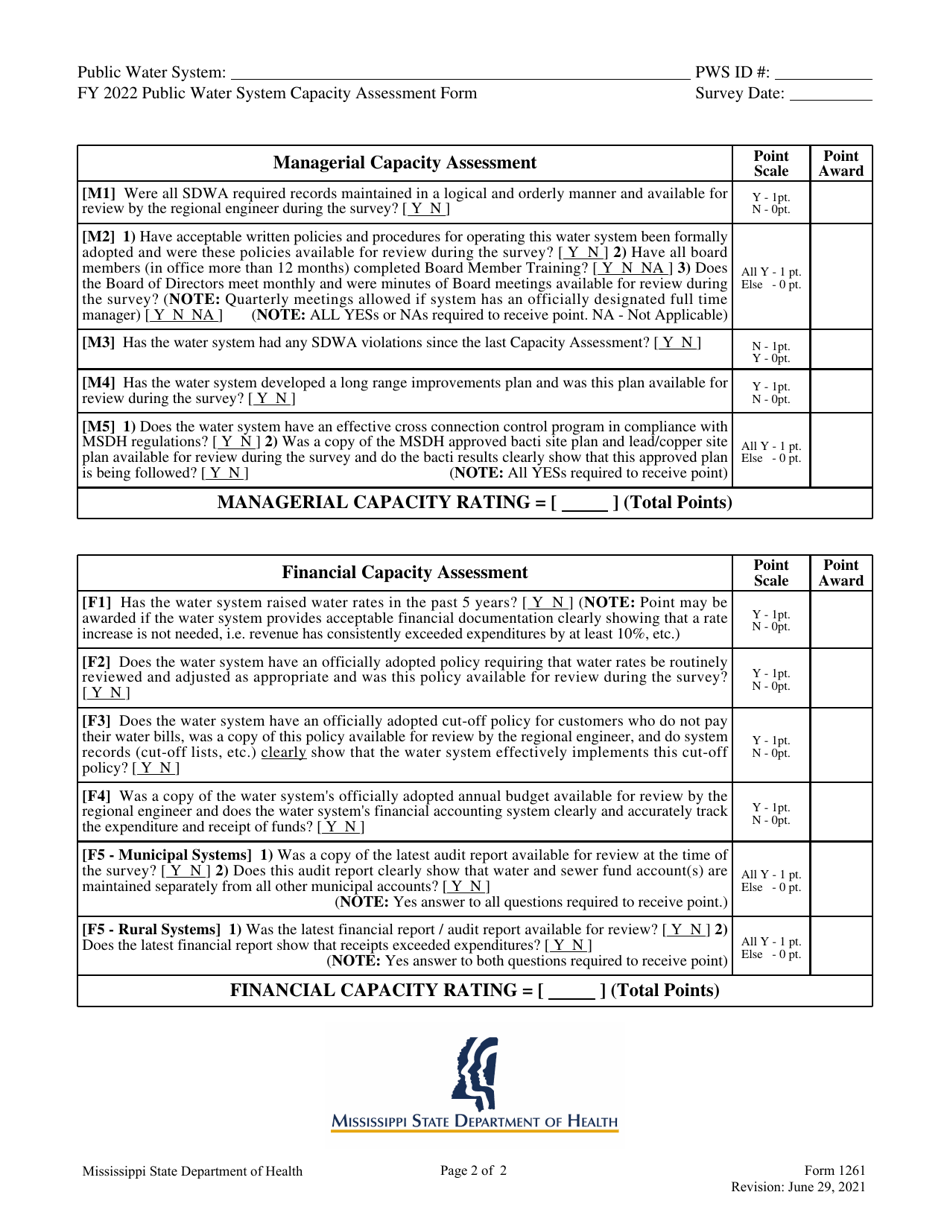 Form 1261 Capacity Assessment / Inspection Form for Community Water Systems - Mississippi, Page 2