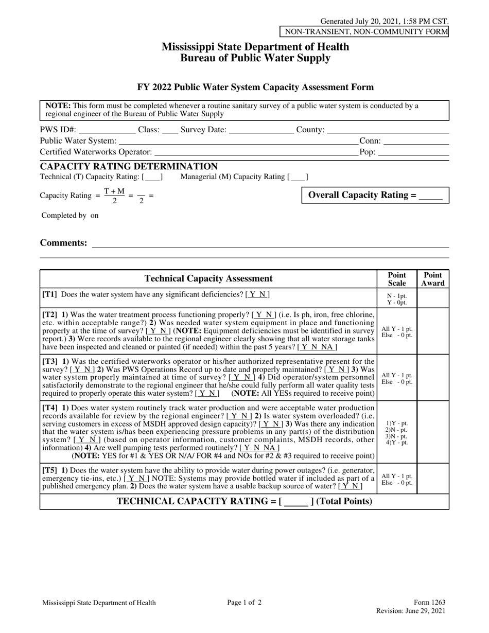Form 1263 Capacity Assessment / Inspection Form for Non-transient Non-community Systems - Mississippi, Page 1