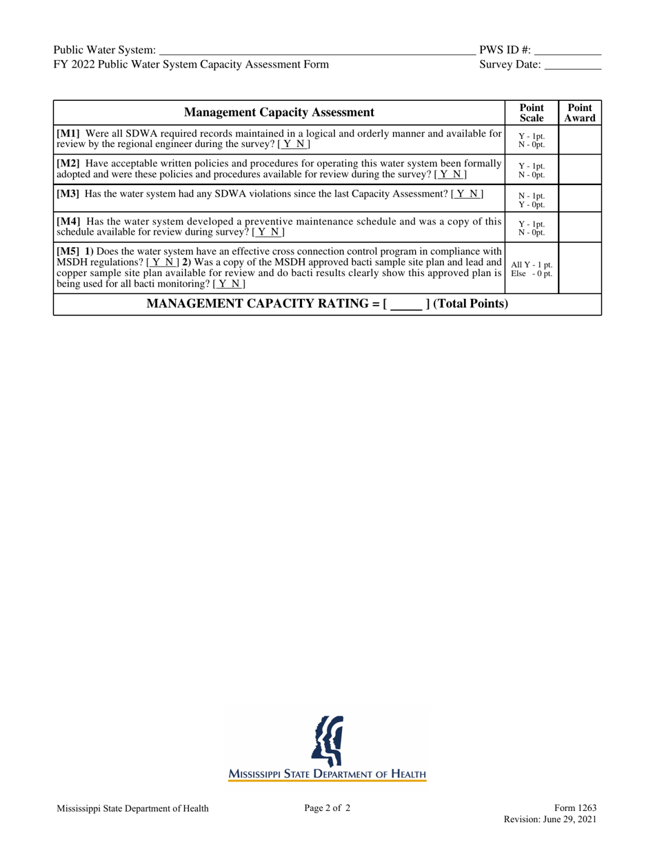 Form 1263 Capacity Assessment / Inspection Form for Non-transient Non-community Systems - Mississippi, Page 2