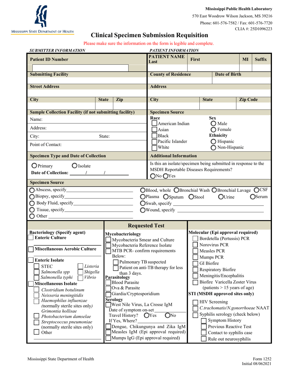 Form 1252 Clinical Specimen Submission Requisition - Mississippi, Page 1
