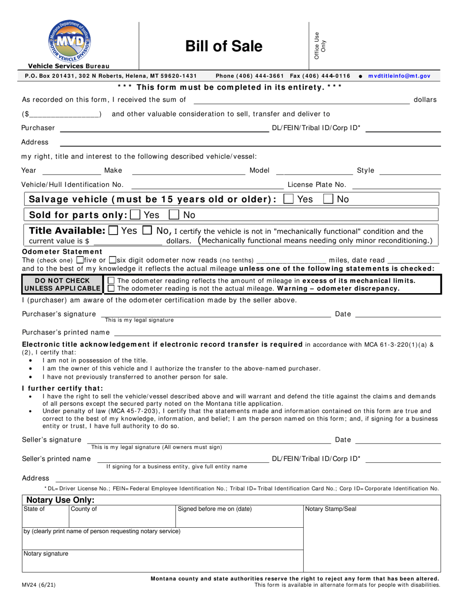 Form MV24 Bill of Sale - Montana, Page 1