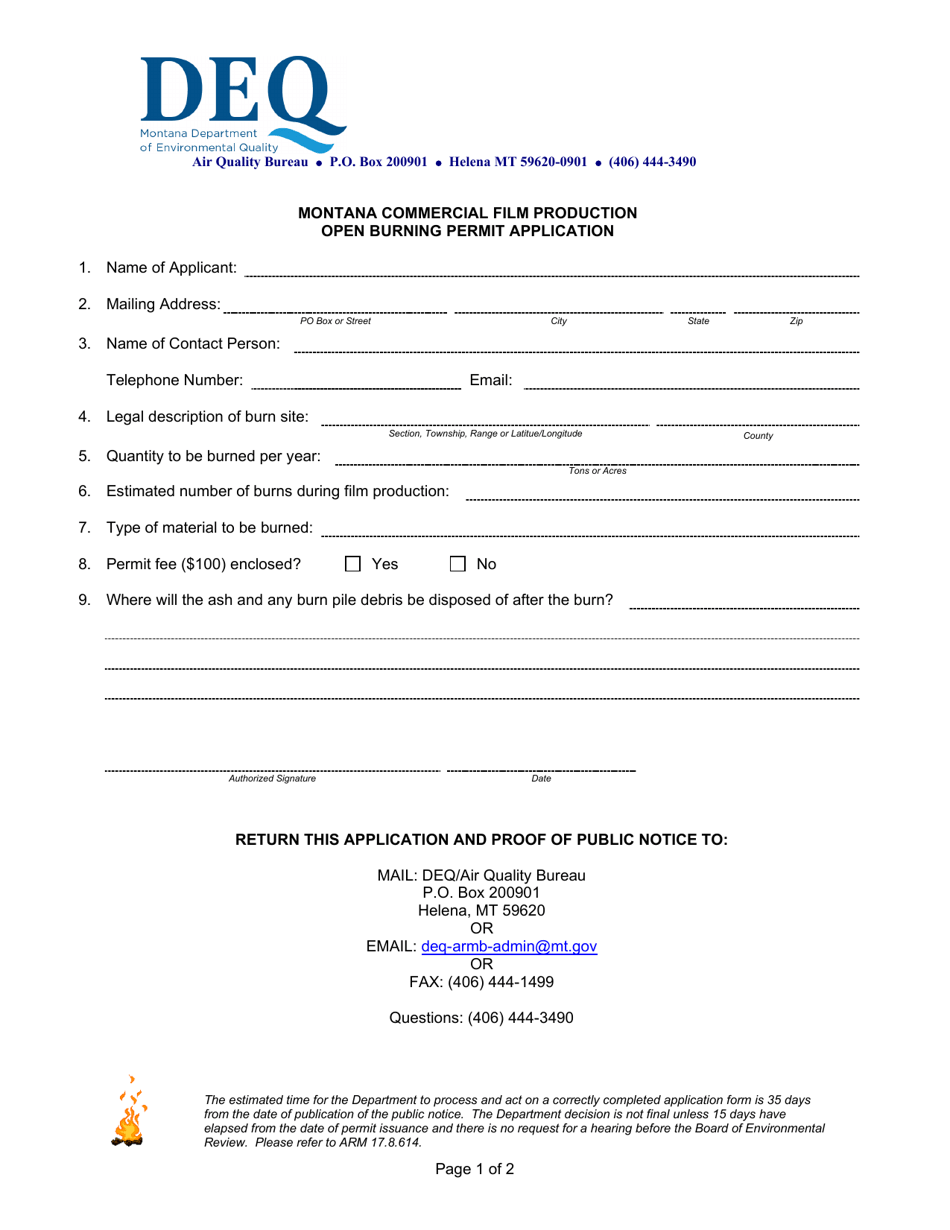 Montana Commercial Film Production Open Burning Permit Application - Montana, Page 1