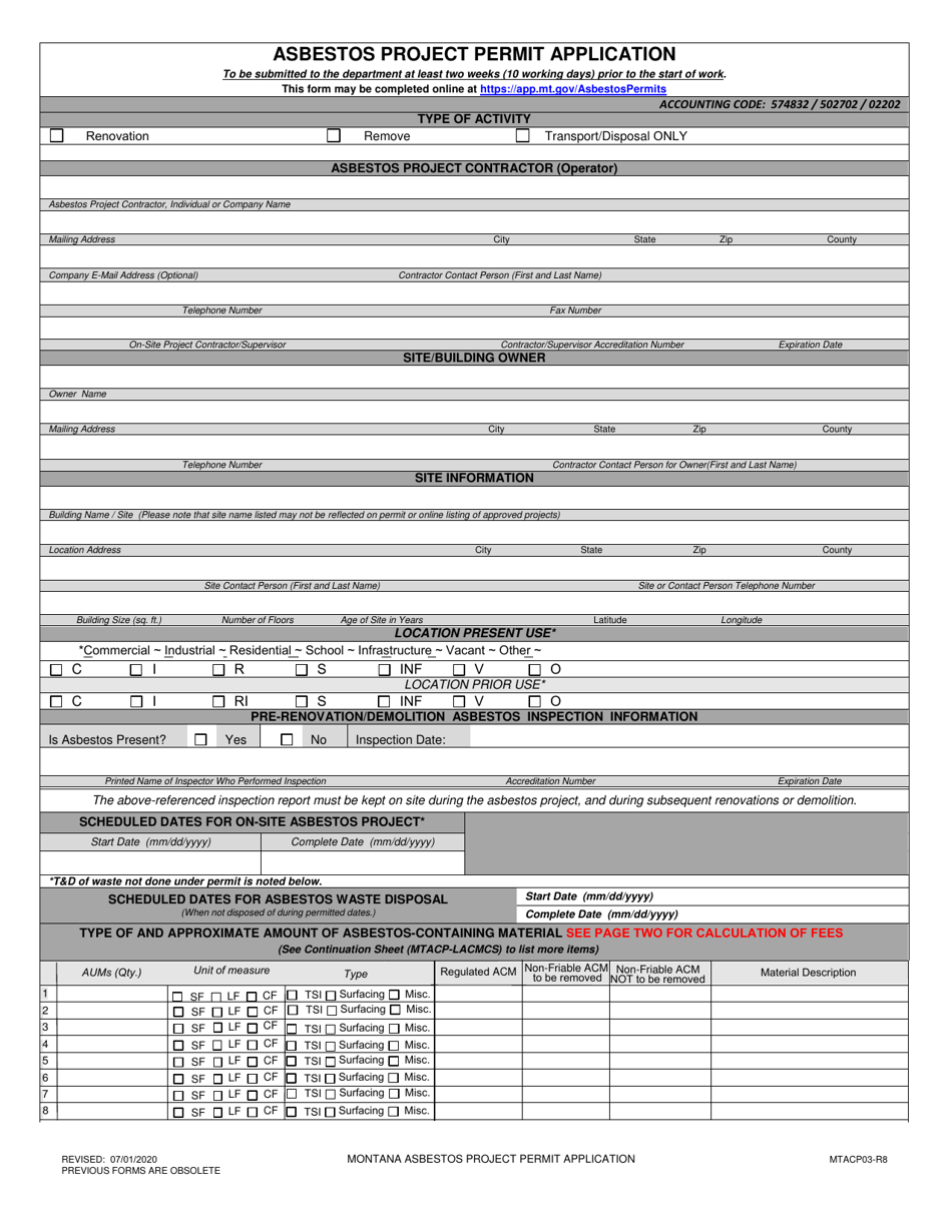 Form MTACP03 Asbestos Project Permit Application - Montana, Page 1