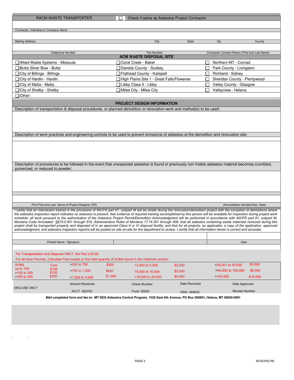Form MTACP03 Asbestos Project Permit Application - Montana, Page 2