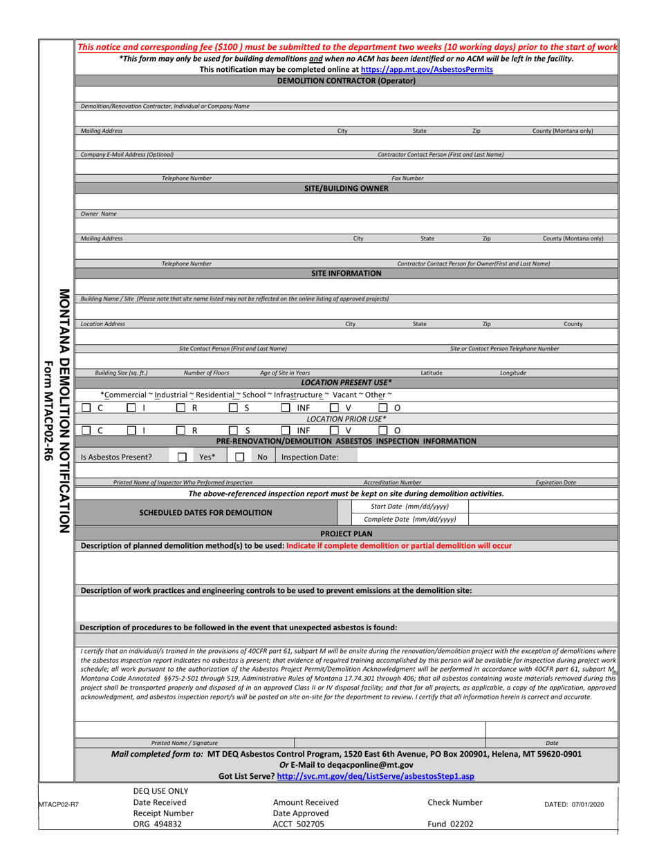Form MTACP02 Montana Demolition Notification - Montana, Page 1