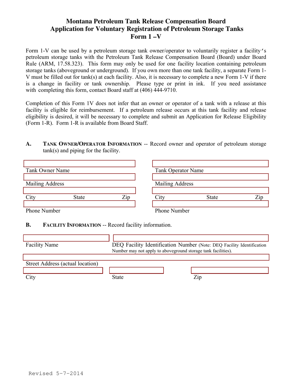 PTRCB Form 1-V Application for Voluntary Registration of Petroleum Storage Tanks - Montana, Page 1