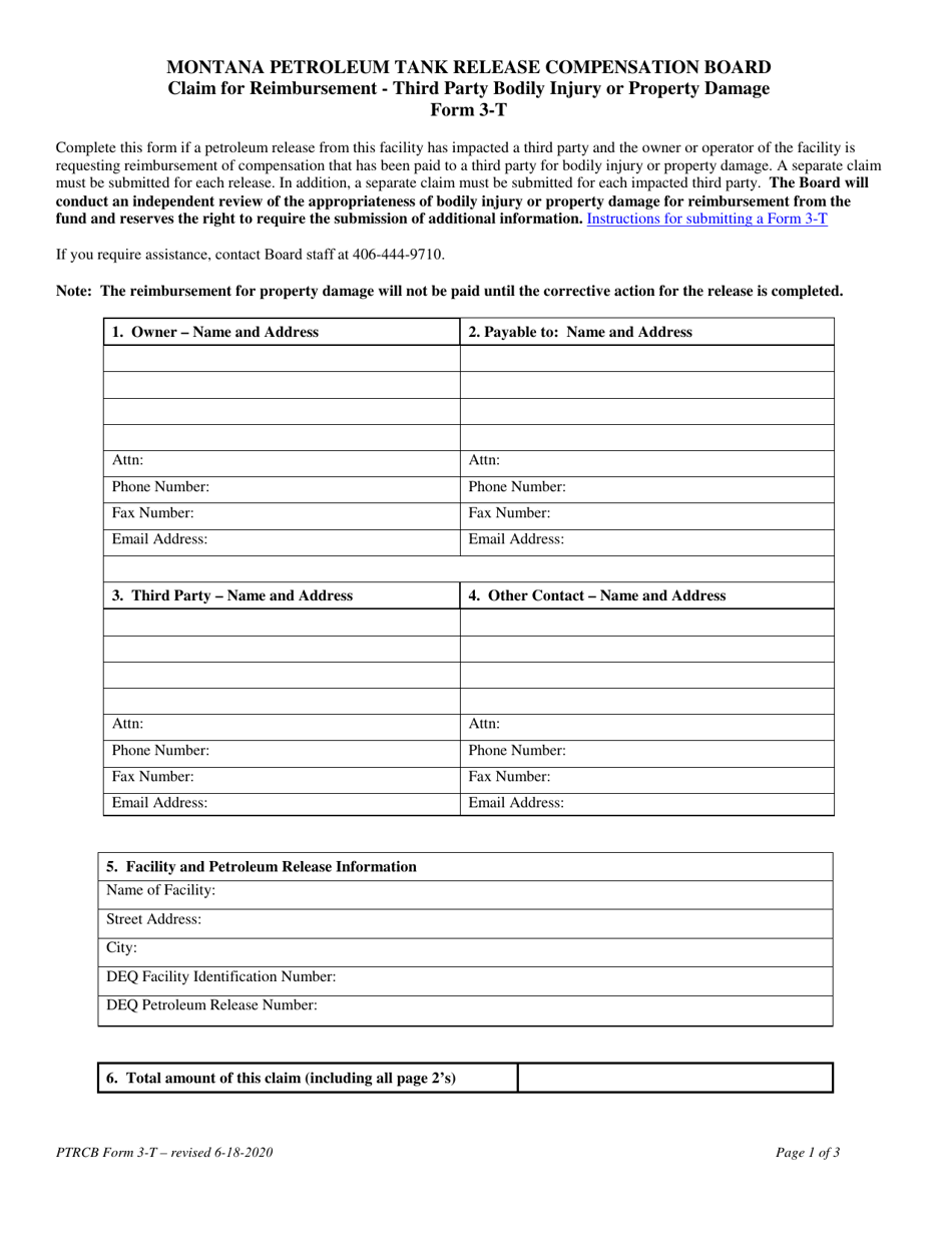PTRCB Form 3-T Claim for Reimbursement - Third Party Bodily Injury or Property Damage - Montana, Page 1