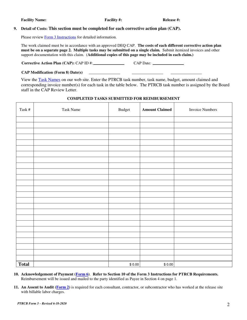PTRCB Form 3 Claim for Reimbursement - Corrective Action - Montana, Page 2