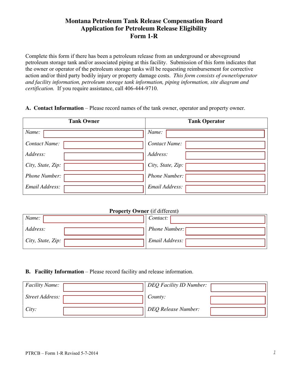 PTRCB Form 1-R Application for Petroleum Release Eligibility - Montana, Page 1