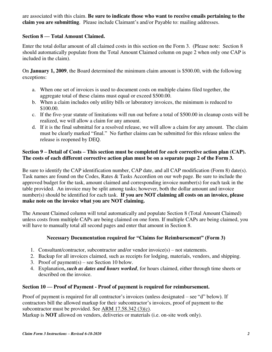 Instructions for PTRCB Form 3 Claim for Reimbursement - Corrective Action - Montana, Page 2