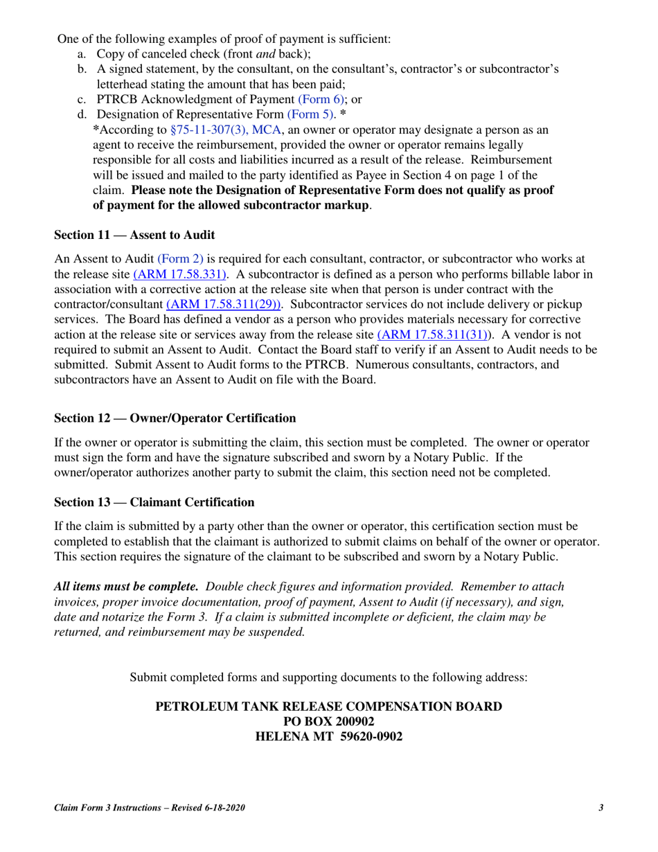 Instructions for PTRCB Form 3 Claim for Reimbursement - Corrective Action - Montana, Page 3