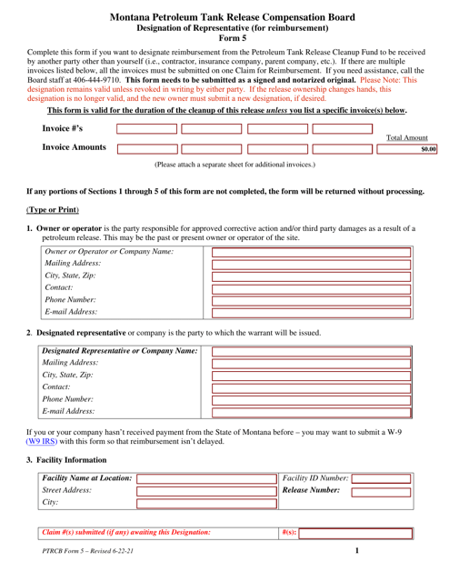 PTRCB Form 5 Designation of Representative (For Reimbursement) - Montana