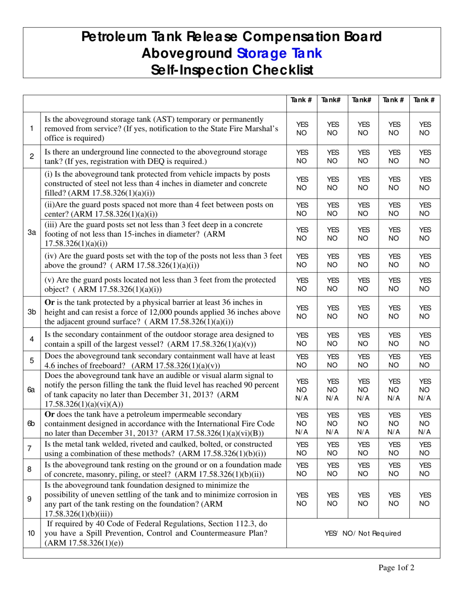 Aboveground Storage Tank Self-inspection Checklist - Montana, Page 1
