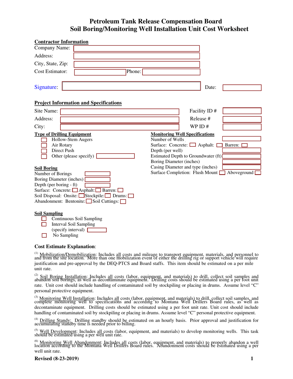 Soil Boring / Monitoring Well Installation Unit Cost Worksheet - Montana, Page 1