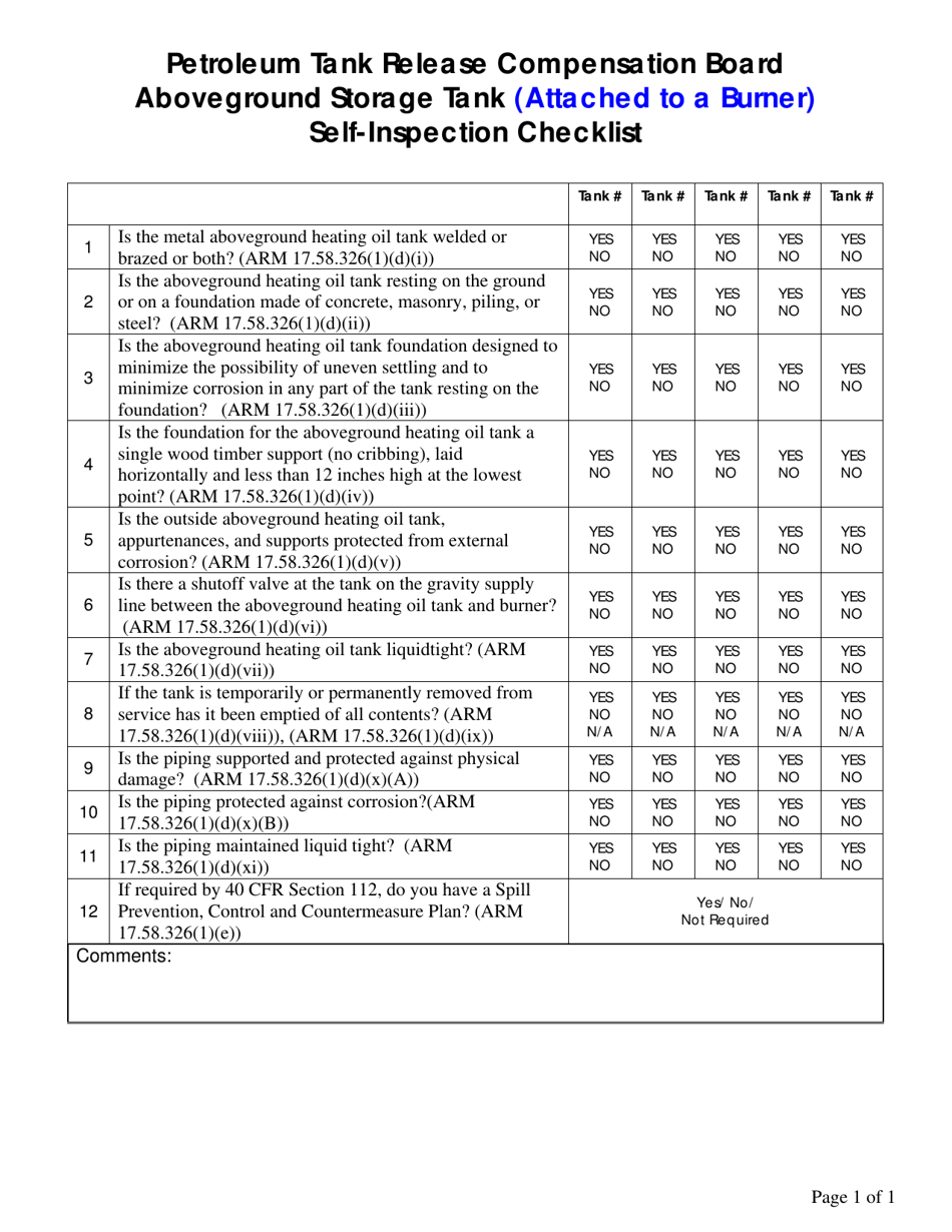 Aboveground Storage Tank (Attached to a Burner) Self-inspection Checklist - Montana, Page 1