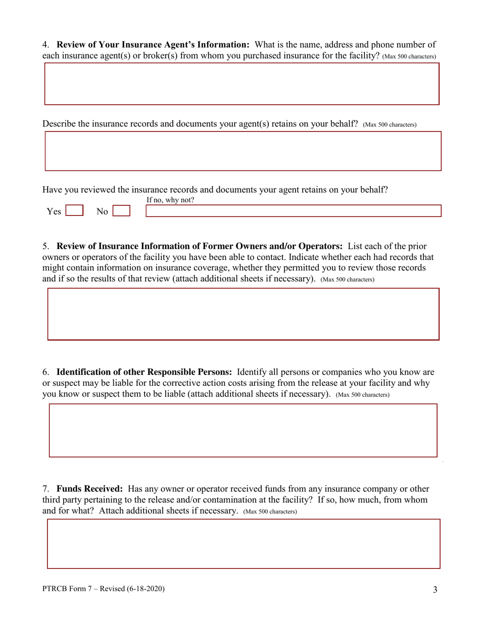 PTRCB Form 7 Owner / Operators Report of Insurance or Other Third Party Liability - Montana, Page 3