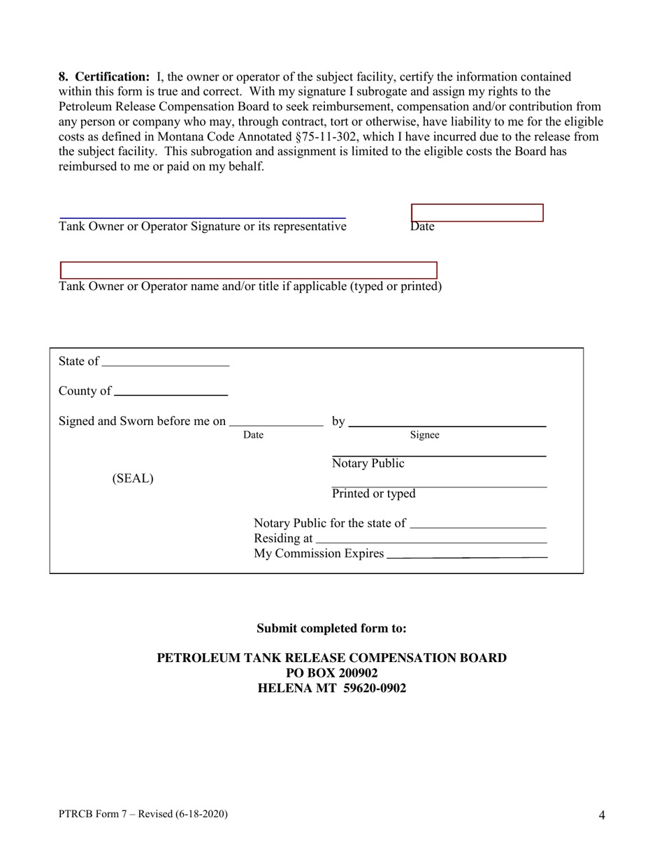 PTRCB Form 7 Owner / Operators Report of Insurance or Other Third Party Liability - Montana, Page 4