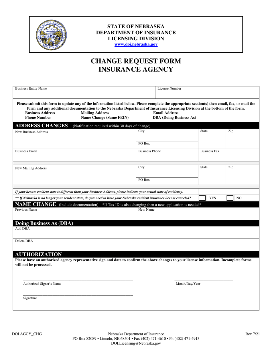 Form DOI AGCY_CHG Insurance Agency Change Request Form - Nebraska, Page 1