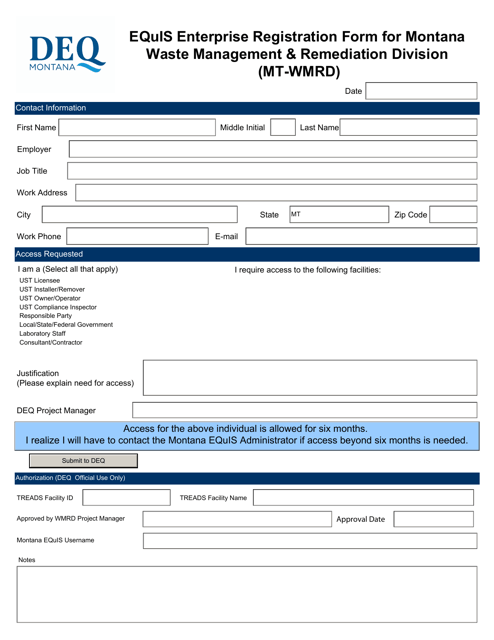 Equis Enterprise Registration Form for Montana Waste Management & Remediation Division (Mt-Wmrd) - Montana Download Pdf