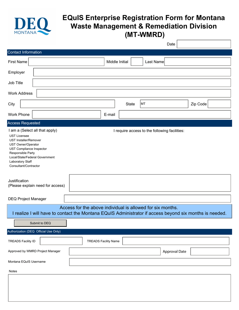 Equis Enterprise Registration Form for Montana Waste Management  Remediation Division (Mt-Wmrd) - Montana, Page 1