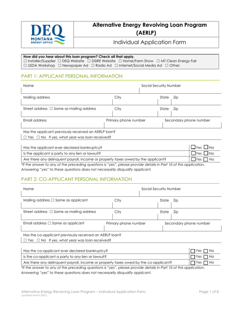 Individual Application Form - Alternative Energy Revolving Loan Program (Aerlp) - Montana Download Pdf