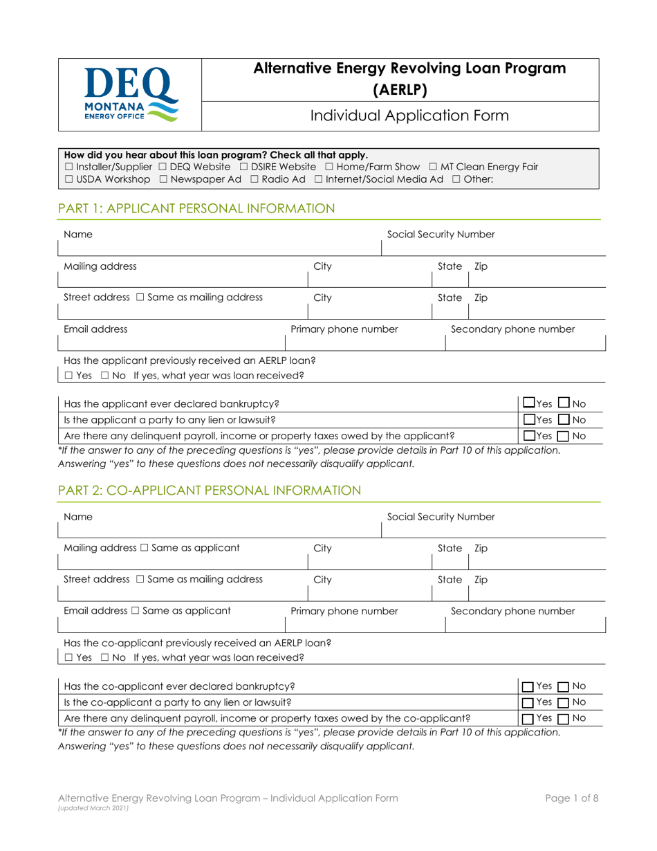 Individual Application Form - Alternative Energy Revolving Loan Program (Aerlp) - Montana, Page 1