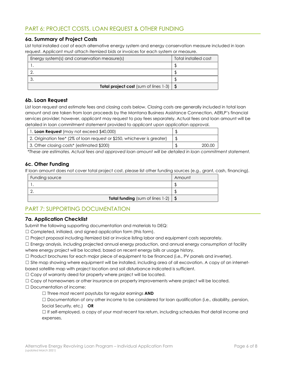 Individual Application Form - Alternative Energy Revolving Loan Program (Aerlp) - Montana, Page 6