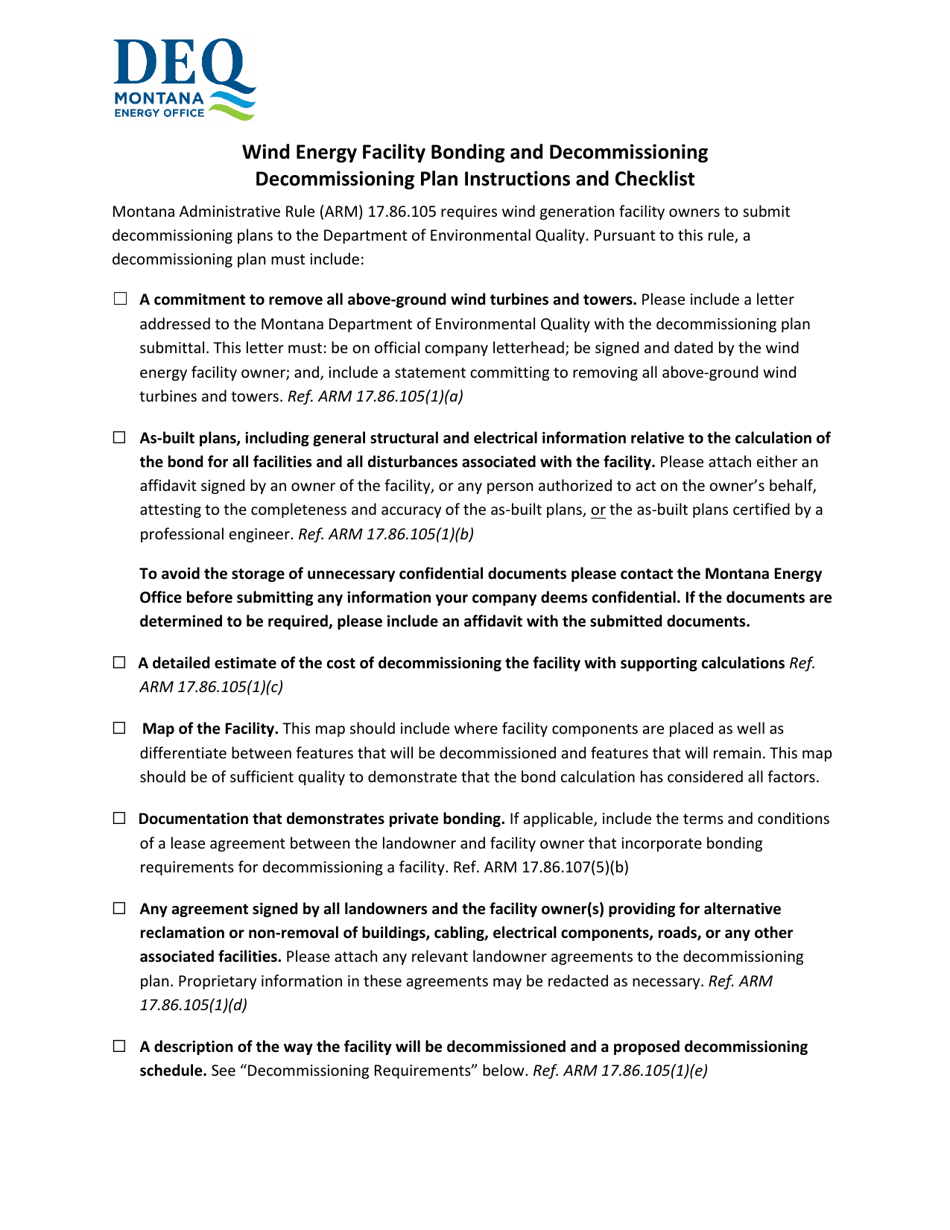 Wind Energy Decommissioning Plan Checklist - Montana, Page 1