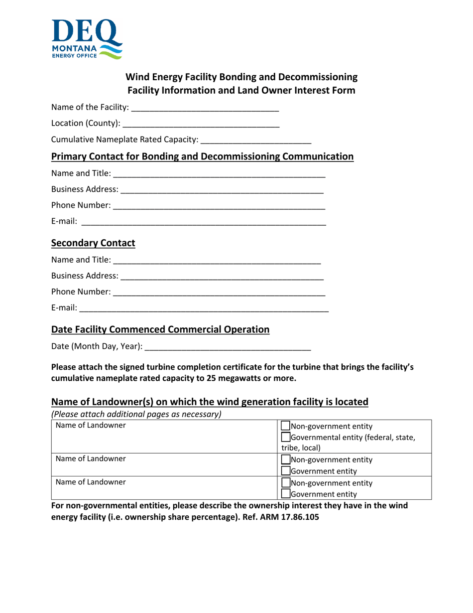 Wind Energy Facility Information and Land Owner Interest Form - Montana, Page 1