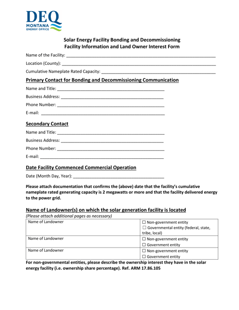 Solar Energy Facility Information and Land Owner Interest Form - Montana Download Pdf