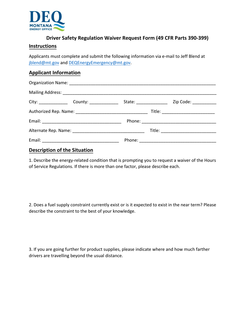 Driver Safety Regulation Waiver Request Form - Montana, Page 1